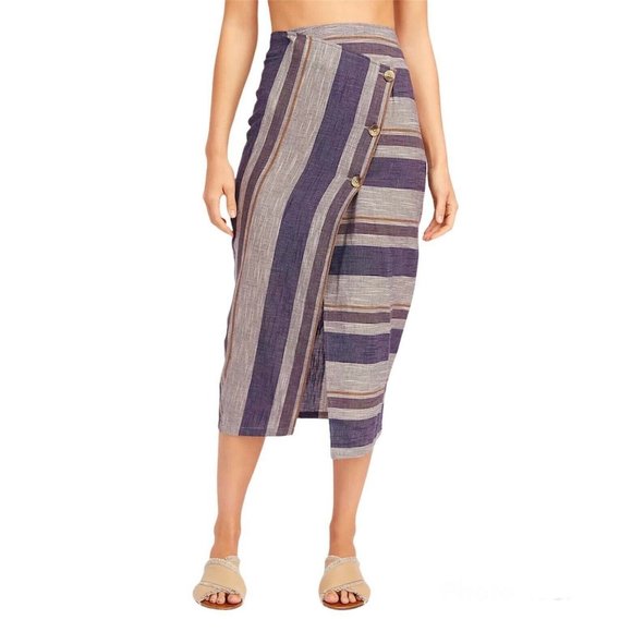 Free People Dresses & Skirts - $80 Free People Asymmetrical Cotton Gauze Striped Slit Wrap Midi Skirt Size 2